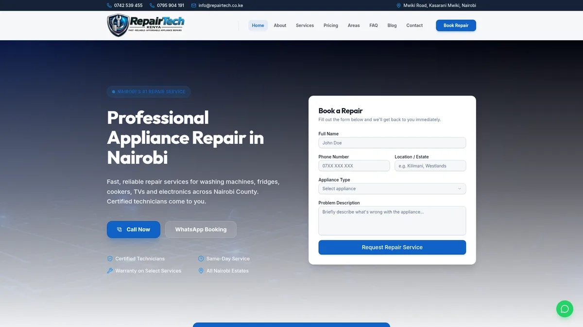 Home Appliance Repair & Booking Website — Kissor Digital Nairobi project